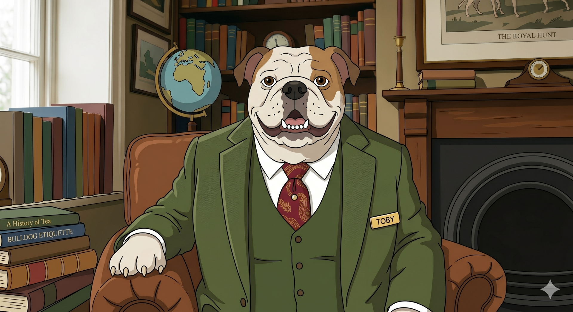 Toby, a well-dressed English Bulldog seated in a study
